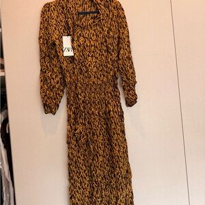 Zara Black and Mustard Printed Long Sleeve Midi Dress